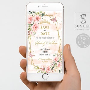 Editable Template Save the Date Evite, Text Invite, Blush Pink Flowers, Sweet 16, 16th Birthday, Digital Printable Instant Download, SW16017