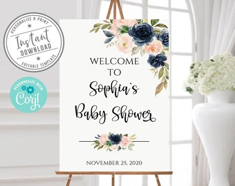EDITABLE Navy Blush Pink Baby Shower Welcome Sign, Corjl Template, Watercolor Flowers Theme, Signage, Baby Boy Shower, DIGITAL FILES, BS189