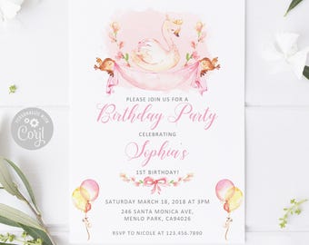 May include: A white birthday party invitation card featuring a watercolour illustration of a swan wearing a crown, two small birds, pink ribbons, and balloons. The text reads: Please join us for a Birthday Party celebrating Sophia's 1st Birthday!