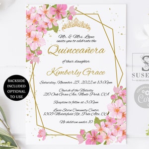 EDITABLE Quinceanera Invitation + Back Template, Sakura Cherry Blossom, Butterfly, Mis Quince, Sweet 16, Printable, Instant Download, QU141