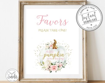 Printable Pumpkin Baby Shower Favors Sign, Fall, Autumn, Boho, Blush Flowers, Baby Girl, Instant Download, DIGITAL FILE, BS204