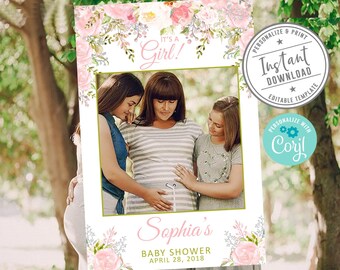 Editable Baby Shower Photo Booth Frame Watercolor Blush Flowers BS044