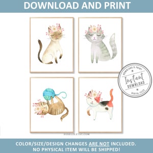 Printable Nursery Cat Prints, Set of 4, Animal Signs, Watercolor Kitten Flowers, Girls poster Playroom Wall art, Gift for Kids DIGITAL FILES