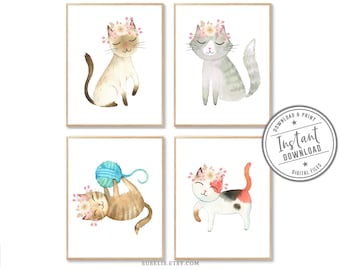 Scandi Meow Cat Circle Animal Typography Home Baby Girl Boy Unisex Nursery Kid Room Bedroom Gallery Poster Gicl\u00e9e Print Picture Wall Art