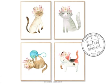 Printable Nursery Cat Prints, Set of 4, Animal Signs, Watercolor Kitten Flowers, Girls poster Playroom Wall art, Gift for Kids DIGITAL FILES