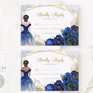 Editable RSVP Card, Kindly Reply, Royal Blue Gold Flowers Roses, Mis Quince Anos, 15th Birthday, Corjl Template, Instant Download QU169