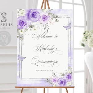 EDITABLE Quinceañera Welcome Sign Template, Lavender Flowers, Sweet 16, Sweet Sixteen Signage, Wedding, Mis Quince, Instant Download, QU054R