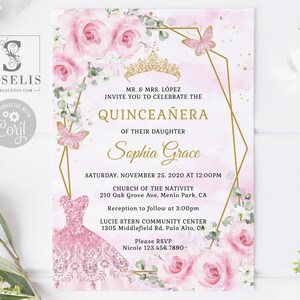 EDITABLE Quinceanera Invitation Template, Baby Pink Flowers, Butterfly, Sweet 16, Mis Quince, Sweet Sixteen, Instant Download, QU054