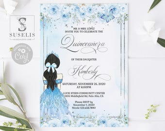 EDITABLE Quinceanera Invitation Template, Baby Blue Silver Flowers Butterfly, Mis Quince, Sweet 16, Printable, Instant Download, QU059