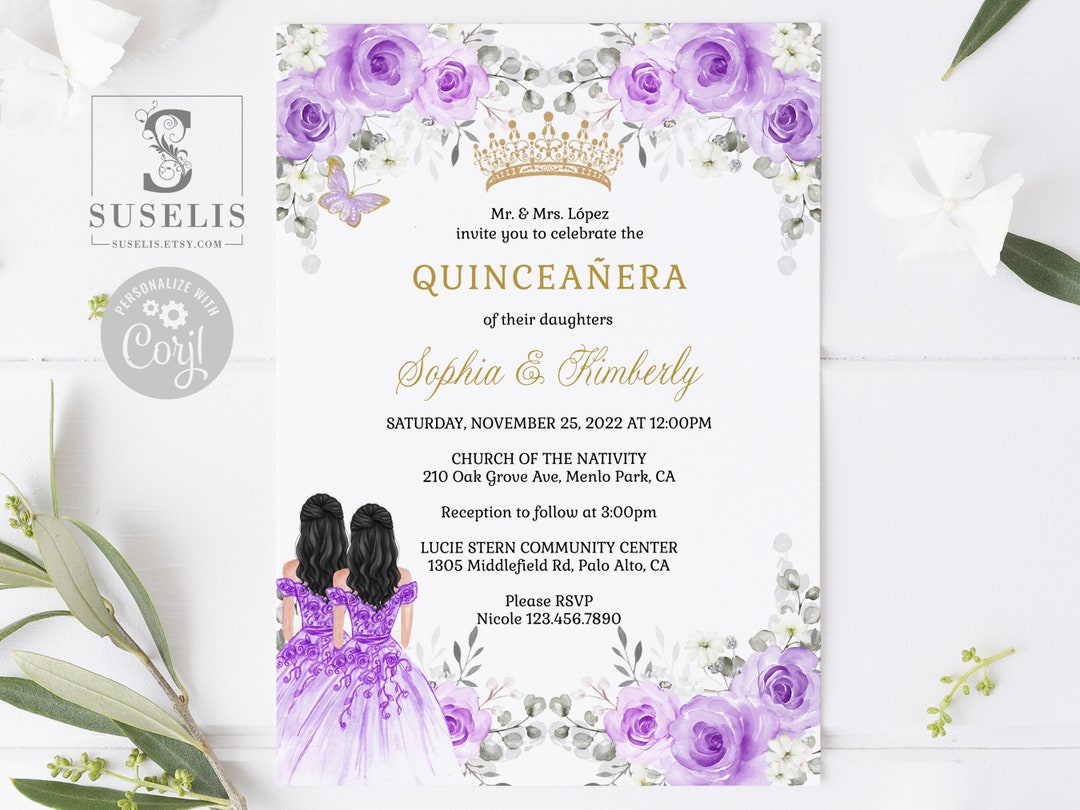 EDITABLE Quinceanera Invitation Twin Sisters Lavender Etsy