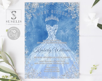 EDITABLE Winter Wonderland Sweet Sixteen Invitation & Back Template, , Blue Silver, Mis Quince, Sweet 16, Printable Instant Download, QU107