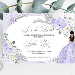 Editable Save the Date Card Template, Lavender Purple Flowers, Quinceañera, Mis Quince, Sweet 16, Printable, Instant Download, QU210D