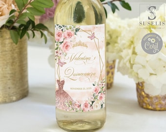 EDITABLE Quinceañera Wine Bottle Labels Template, Blush Pink, Butterfly, Sweet 16, Wedding, Favor labels, Instant Download, Digital, QU054B