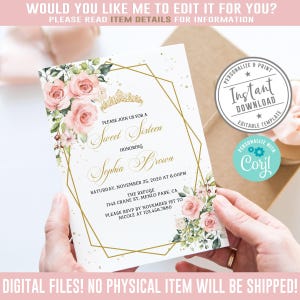 EDITABLE Sweet 16 Invitation, Watercolor Blush Pink Flowers Theme, Design, Corjl Template, Instant download, Edit Yourself, Printable, SU022