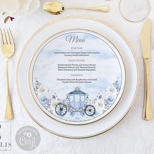EDITABLE Round Menu Template, Blue Floral, Circle Menu, Quinceañera, Princess Carriage Sweet 16, Charger, Printable, Instant Download QU120