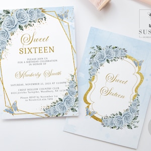 EDITABLE Sweet Sixteen Invitation Template, Silver Baby Blue Flowers Butterfly, Sweet 16 Invite, 16th Birthday, Instant Download, QU197