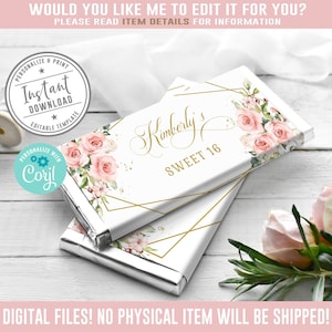 EDITABLE Sweet 16 Chocolate Wrapper, Candy Bar, Sweet Sixteen, 16th Birthday, Party Favors, Instant Download Digital, Corjl Template, SU022