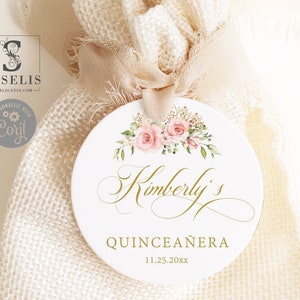 Editable Template Quinceanera Tag, Thank You, Blush Flowers, Gift tag, Sweet Sixteen, Mis Quince Anos, 15th Birthday, Instant Download QU021