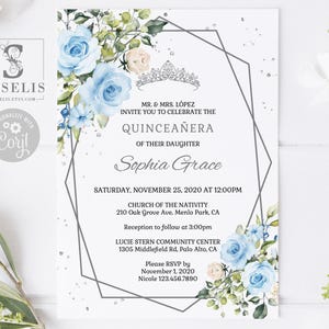 EDITABLE Quinceanera Invitation Template, Baby Blue Flowers, Mis Quince, 15th Birthday, Sweet 16, Printable, Instant Download, SU022
