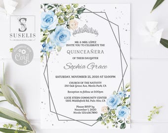 EDITABLE Quinceanera Invitation Template, Baby Blue Flowers, Mis Quince, 15th Birthday, Sweet 16, Printable, Instant Download, SU022