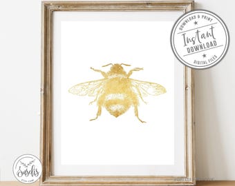 Printable Gold BumbleBee Print, Bee Illustration, Gold White BumbleBee sign Vintage BumbleBee Drawing Nature Print, Insect Art DIGITAL FILES