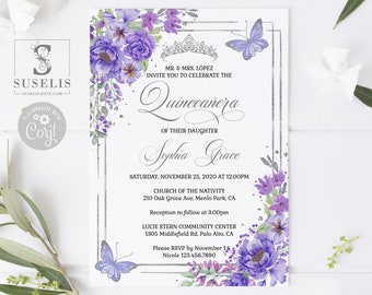 EDITABLE Quinceanera Invitation & Back Template, Purple Pink Flowers, Mis Quince, Sweet 16, Sweet Sixteen, Printable Instant Download, QU070