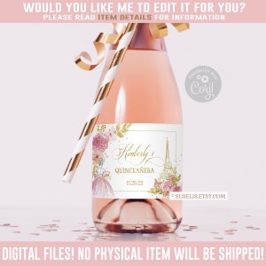 EDITABLE Paris Quinceanera Mini Wine Champagne Bottle Labels, Blush Pink, Mis Quince, Favor labels, Corjl Template, Instant Download, QU073
