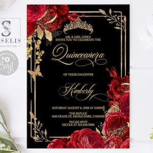 Editable Quinceanera Invitation, Black Red Roses Butterfly QU140