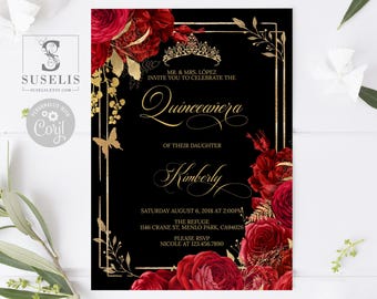 Editable Quinceanera Invitation, Black Red Roses Butterfly QU140