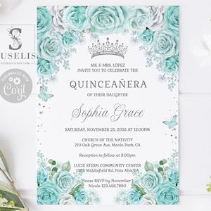 EDITABLE Quinceanera Invitation Template, Turquoise Flowers, Sweet 16, 15th Birthday, Sweet Sixteen, Printable, Instant Download, QU181