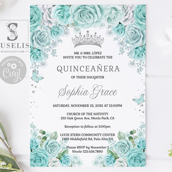 EDITABLE Quinceanera Invitation Template, Turquoise Flowers, Sweet 16, 15th Birthday, Sweet Sixteen, Printable, Instant Download, QU181