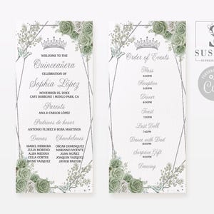 EDITABLE Program Template, Quinceañera, Sage Green Flowers, Butterfly, Order of service, Ceremony Wedding, Sweet 16, Printable Instant QU181