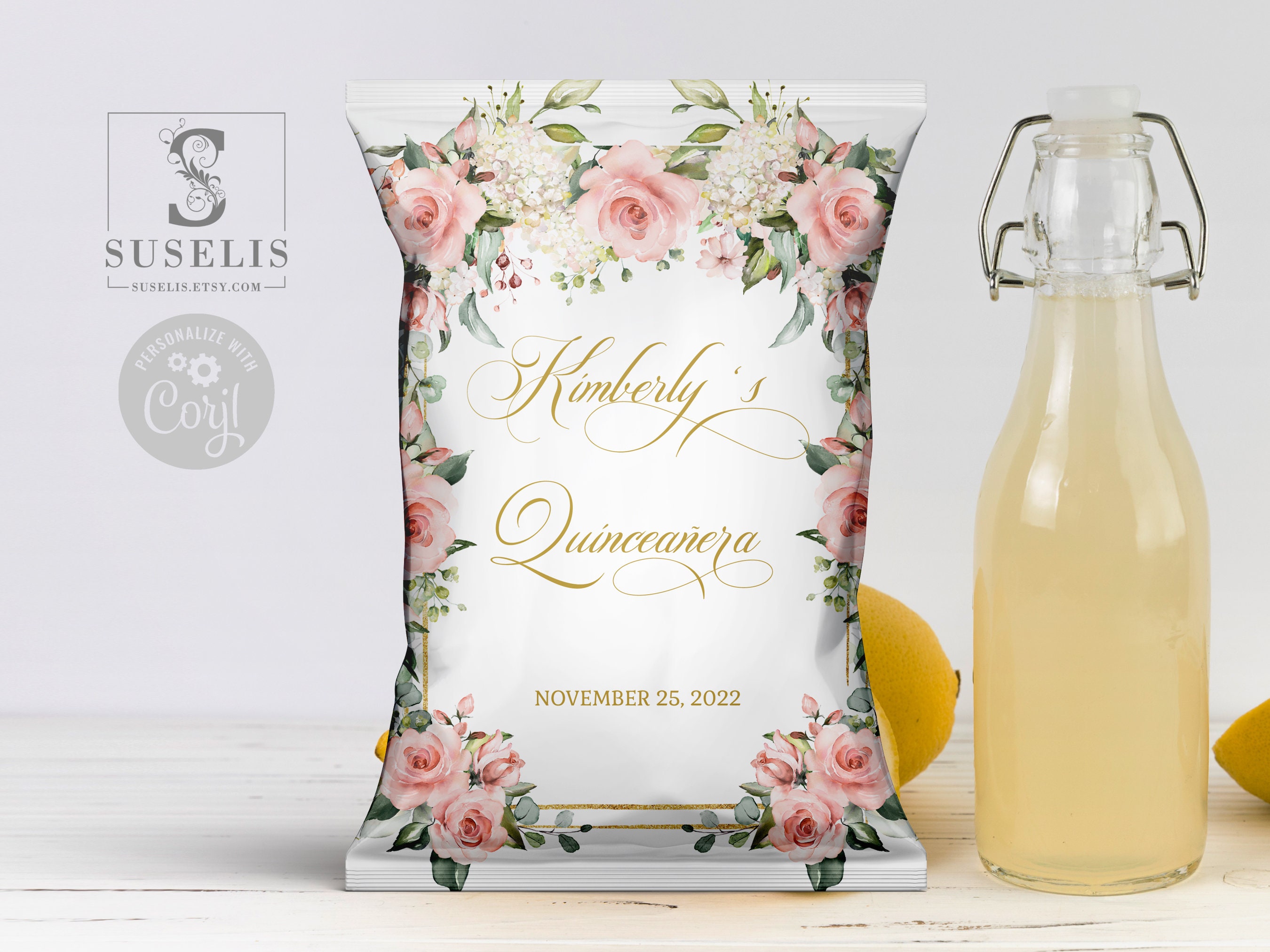 EDITABLE Chip Bag Wrapper Template, Blush Pink, Quinceañera Mis Quince ...