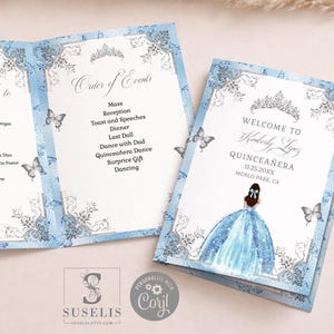 May include: A light blue Quinceañera invitation with floral and butterfly accents. The invitation features the text "Welcome to Kimberly Lopez" and event details. The design includes a drawing of a girl in a blue gown.