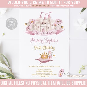 EDITABLE Princess Birthday Invitation, Corjl Template, Princess Theme Invite, Gold Crown, Pink Blush Flowers Any Age Instant Download 10-157