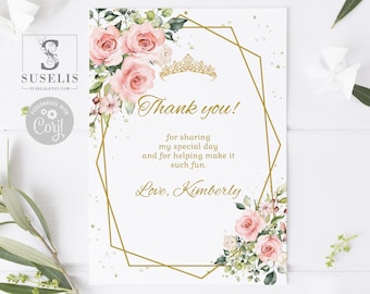 May include: A rectangular thank you card featuring a gold geometric frame, pink roses, and green foliage. The text reads: Thank you! for sharing my special day and for helping make it such fun. Love, Kimberly. A gold tiara icon is centered at the top.