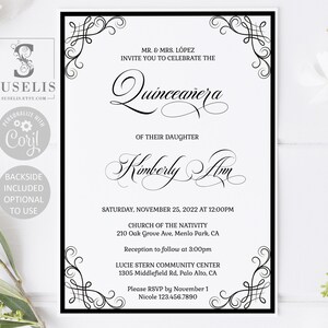 EDITABLE Quinceanera Invitation Template, Black Ornaments, Sweet 16, Mis Quince, Sweet Sixteen, Printable, Instant Download, DIGITAL, QU156