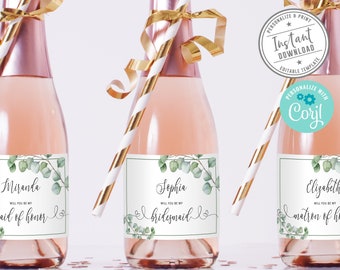 EDITABLE, Will You Be My Bridesmaid, Mini Wine Champagne Bottle Labels, Greenery, Proposal, Corjl Template, Instant Download, DIGITAL, WL11