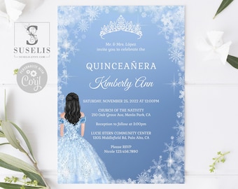EDITABLE Winter Wonderland Quinceanera Invitation Template, Blue Silver, 15th Birthday, Sweet 16, Printable, Instant Download, QU161