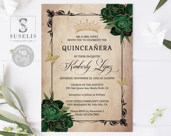 EDITABLE Quinceanera Invitation & Back Template, Emerald Green Roses Flowers, Sweet 16, 15th Birthday, Printable, Instant Download, QU182