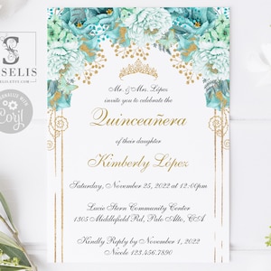 EDITABLE Quinceanera Invitation Template, Gold Mint Green, Butterfly, Mis Quince, Sweet Sixteen, Printable, Instant Download, QU123