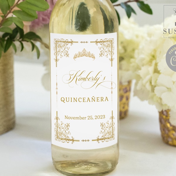 EDITABLE Wine Bottle Label Template, Gold Ornaments, Favor labels, Quinceañera, Sweet 16, Wedding, Birthday, Instant Download Digital, QU202