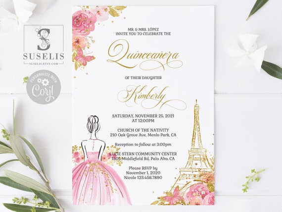 EDITABLE Paris Quinceanera Invitation Template Blush Pink 