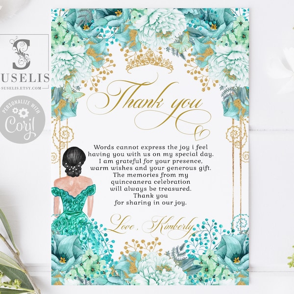 Editable Thank you Card Template, Mint Green Flowers, Quinceañera, Sweet Sixteen, Sweet 16, Printable, Instant Download, QU123