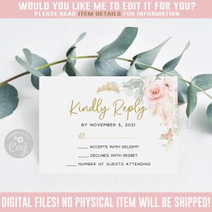 Editable RSVP Card, Kindly Reply, Boho Blush Pink Floral, Butterfly, Mis Quince Anos, 15th Birthday, Corjl Template, Instant Download, SU024