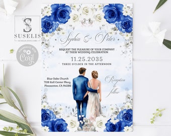 EDITABLE Wedding Invitation Template, Royal Blue Flowers Roses, Wedding Invite, Printable, Instant Download, WS114