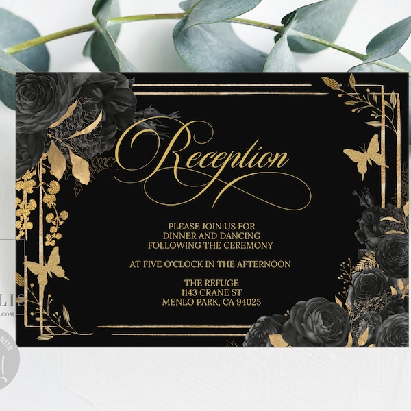 Editable Reception Card, Template, Black Roses Flowers, Insert card, Enclosure, Sweet Sixteen, Wedding, Instant Download QU121