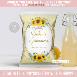 EDITABLE Quinceañera Chip Bag, Sunflowers, Butterfly, Mis Quince, 15th Birthday, Party Favors, Corjl Template, Instant Download, QU166