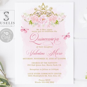 EDITABLE Template Quinceanera Invitation, Blush Pink Flowers, Sweet 16, Mis Quince, Sweet Sixteen, Printable, Instant Download, QU001