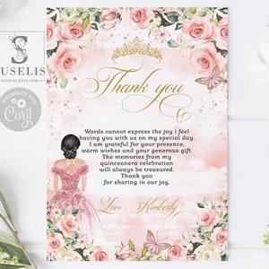 Editable Thank you Card Template, Blush Pink Flowers, Butterfly, Quinceañera, Sweet Sixteen, Printable, Instant Download, QU084